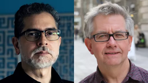 Two photographs of Ulises and Nick. Both are wearing glasses and look friendly.