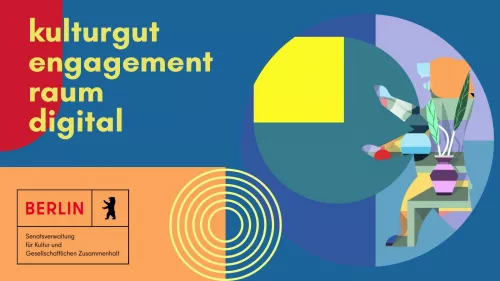 Visual mit der Aufschrift: kulturgut engagement raum digital, einem Berlin-Logo und einem Bären