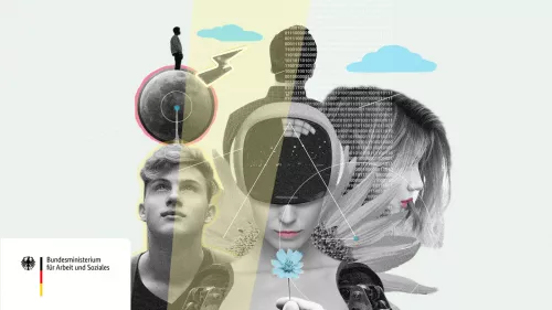Visual mit dem Logo des Arbeitsministeriums und einer Collage bestehend aus vielen Köpfen mit Verbindungslinien sowie einem Roboter