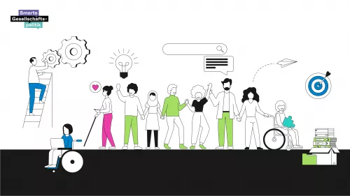 Visual mit verschiedenen Personen, die sich an den Händen halten, tanzen, im Rollstuhl sitzen, Ideen haben, miteinander unterhalten oder an Zahnrädern schrauben