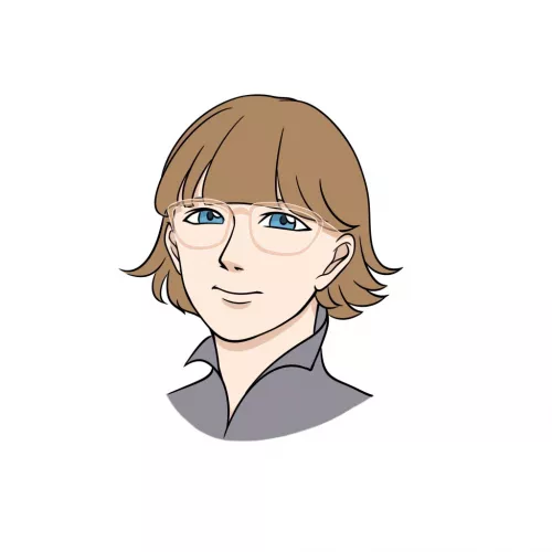 Porträt von Miriam Milzner, eine stilisierte Illustration mit kurzen, hellbraunen Haaren, blauen Augen und einem neutralen Gesichtsausdruck. Sie trägt ein graues Oberteil vor einem weißen Hintergrund.