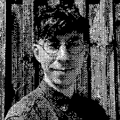 Eine Person lacht auf einem sehr verpixelten Bild in die Kamera. Das Bild ahmt den Stil der Nintendo Gameboy Kamera nach.