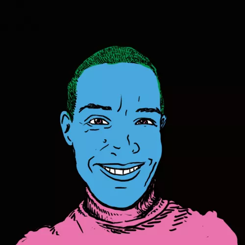 Comic Bild von Dr. Julia Schneider aka Doc J Snyder, ein lächelndes, blaues Gesicht, kurze grüne Haare, rosa Rollkragenpulliver