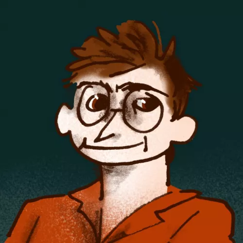 Portrait von Person mit braunen Haaren, Brille und rotem Hemd.